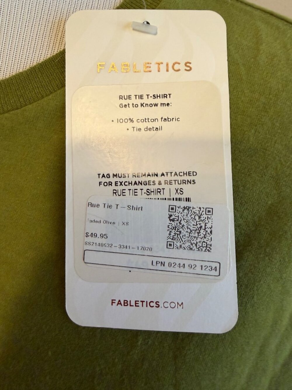 Fabletics Rue Tie T-Shirt Olive XS 100% Cotton Casual Tie Detail w/Defects NWT - Picture 4 of 5